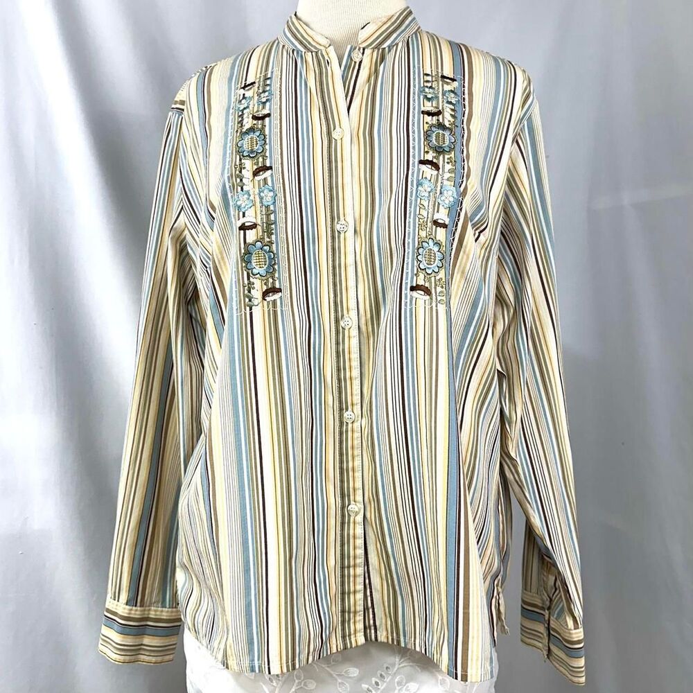 WHITE STAG Retro Striped Button Down Shirt 60s 70s Womens M Cottage‎ Boho Floral